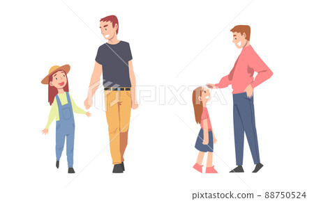 Dads having good time with their children set. Father and daughter walking together cartoon vector illustration 88750524