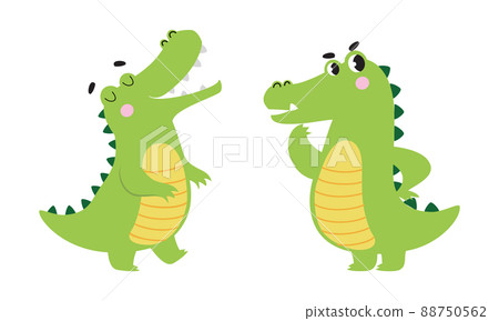 Cute friendly green crocodiles set. Lovely curious baby alligators characters cartoon vector illustration Cute friendly green crocodiles set. Lovely curious baby alligators characters cartoon vector illustration 88750562