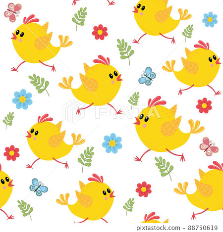 Running chickens pattern with flowers and butterflies, color vector illustration on white background, print textile Running chickens pattern with flowers and butterflies, color vector illustration on white background, print textile 88750619