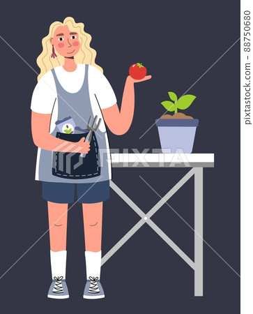 A woman plants seedlings standing at a table A woman farmer gardener doing work and agricultural hobby Vector illustration isolated 88750680