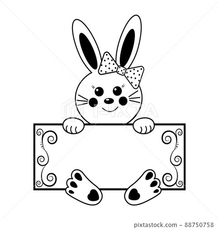 Cute rabbit character with greeting card, black outline, vector isolated Cute rabbit character with greeting card, black outline, vector isolated 88750758