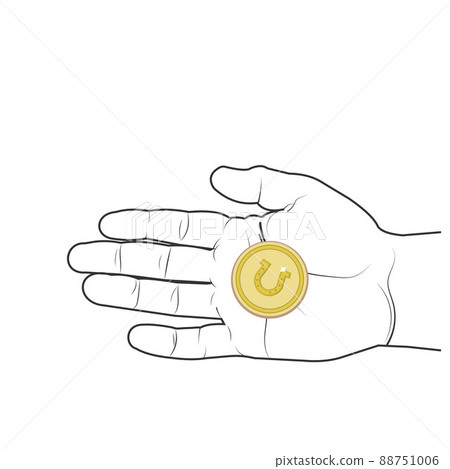 Lucky coin with a horseshoe in the hand of a man 88751006