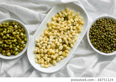 Organics fresh Baby Green Bean Sprouts in white ceramic bowl on a dark concrete background 88751124