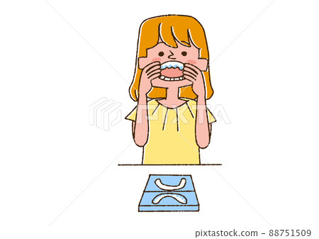 一個戴著正畸喉舌的女人，一個滑稽的手寫人，一個矢量，一個線條畫上的顏色 88751509