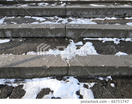 Remains of snow and ice on old concrete steps on a winter sunny day Remains of snow and ice on old concrete steps on a winter sunny day 88751747