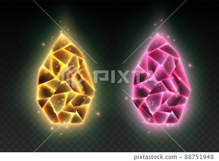Shiny gemstones, yellow and pink crystals, dragon eggs isolated on black background. 88751948