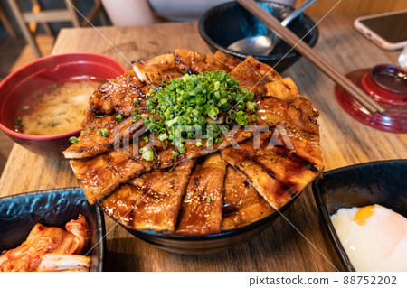 Grilled pork soy sauce with rice, Butadon Tokachi in bowl at restaurant 88752202