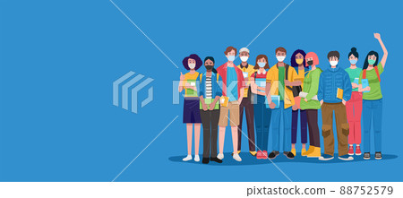 Group of multicultural students wearing face mask, dressed casual and holding books, vector illustration 88752579