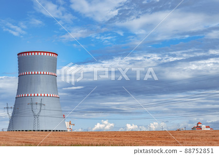 Scenic view of nuclear power plant, cooling towers and high voltage line in Ostrovets, Belarus 88752851