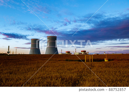 Breathtaking picturesque evening view of the nuclear power plant in Ostrovets, Belarus. Breathtaking picturesque evening view of the nuclear power plant in Ostrovets, Belarus. 88752857