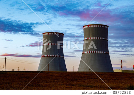 Breathtaking picturesque evening view of the nuclear power plant in Ostrovets, Belarus. Breathtaking picturesque evening view of the nuclear power plant in Ostrovets, Belarus. 88752858