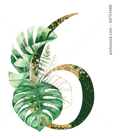 Golden number 6 decorated with green and golden tropical leaves Watercolor isolated illustration 88753466