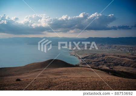 View of Meganom beach on the Black Sea coast from the top of the mountain on Cape Meganom View of Meganom beach on the Black Sea coast from the top of the mountain on Cape Meganom 88753692