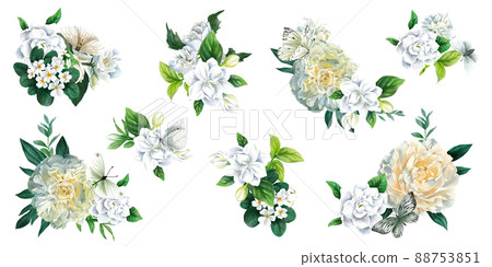 Set of eight lush white floral bouquets Set of eight lush white floral bouquets 88753851