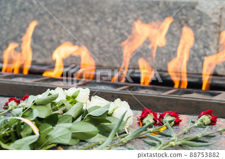 Soviet soldiers WWII memorial in Russia. Flowers lay at an Eternal flame 88753882