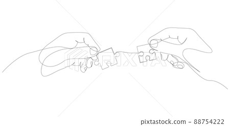Continuous line drawing of hands solving jigsaw puzzle. Teamwork concept drawn by one line. Vector illustration. Continuous line drawing of hands solving jigsaw puzzle. Teamwork concept drawn by one line. Vector illustration. 88754222