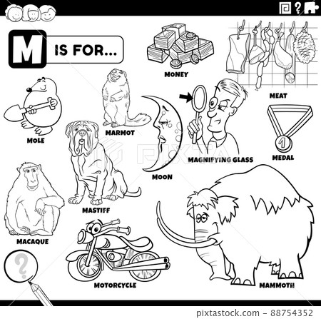 letter m words educational set coloring book page 88754352