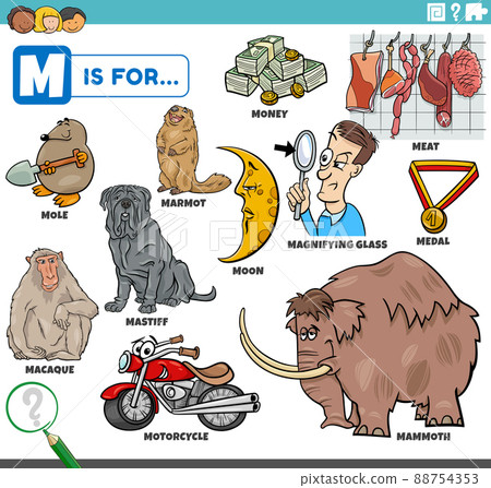 letter m words educational set with cartoon characters 88754353