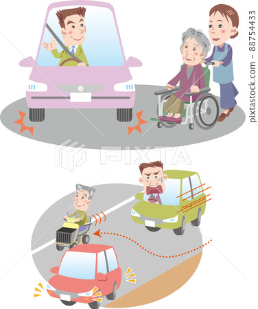 Traffic safety <Crossing elderly people, avoiding cars parked on the street with senior cars and driving on the road> 88754433