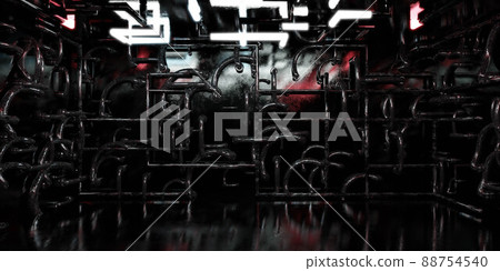 futuristic dark industrial grunge basement with pipes and glowing light 3d render illustration 88754540