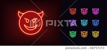 Outline neon devil emoji icon. Glowing neon evil emoticon with horns and smile, demon face pictogram Outline neon devil emoji icon. Glowing neon evil emoticon with horns and smile, demon face pictogram 88757233