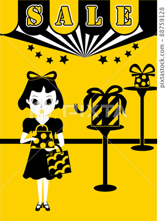黃色和黑色的兩種色調。一個有趣的購物,而女孩們興奮地在銷售中炫耀 黃色和黑色的兩種色調。一個有趣的購物,而女孩們興奮地在銷售中炫耀 88759128