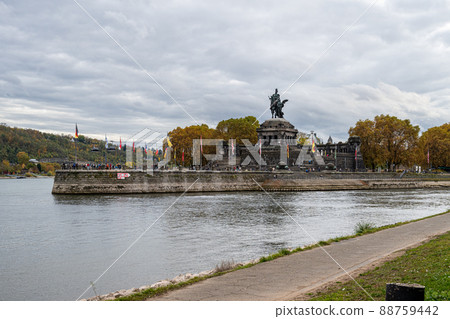 Koblenz were Rhein and Mosel meet. The German Corner, a symbol of the unification of Germany with an equestrian statue of Emperor William I. Koblenz were Rhein and Mosel meet. The German Corner, a symbol of the unification of Germany with an equestrian statue of Emperor William I. 88759442