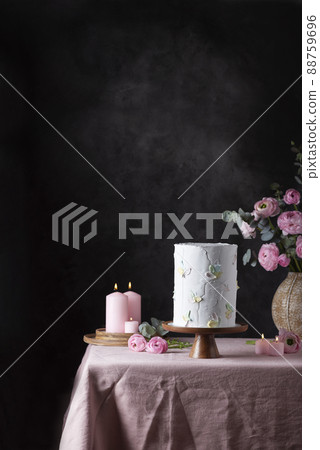 Homemade sweet cake on the pink tablecloth Homemade sweet cake on the pink tablecloth 88759696