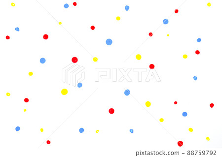 red blue yellow water colour random drop dots on white drawing paper with paper texture. 88759792