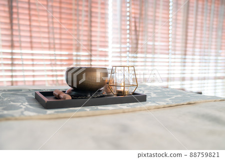 aromatherapy herb and candle in the dark badroom on the bed with curtain background. 88759821