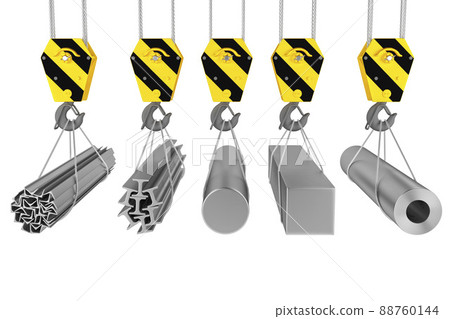 Rolled metal products suspended on a crane. 3d render Rolled metal products suspended on a crane. 3d render 88760144