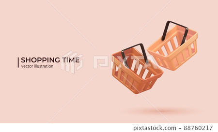 Empty shopping baskets on pink background in cartoon minimal style. 88760217
