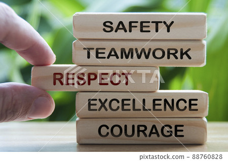 Business concept text on wooden blocks - Safety, Teamwork, Respect, Excellence and Courage. 88760828
