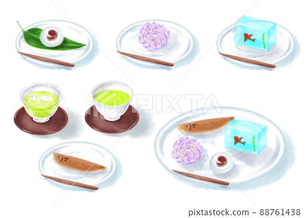 4 kinds of summer Japanese sweets (mizumanju, hydrangea, brocade, wakaayu) 4 kinds of summer Japanese sweets (mizumanju, hydrangea, brocade, wakaayu) 88761438