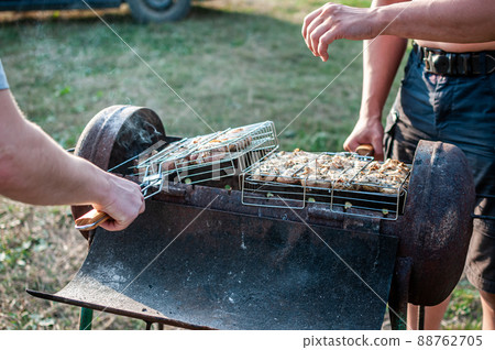 grilled meat skewers chicken meat holder over fire burned churcoal grilled meat skewers chicken meat holder over fire burned churcoal 88762705