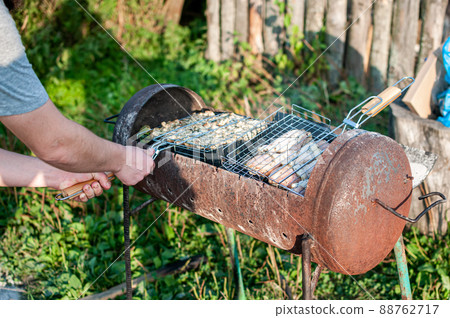 grilled meat skewers chicken meat holder over fire burned churcoal 88762717