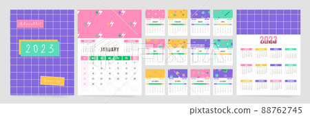 Wall creative 2023 year calendar with gaming geometric pattern design. Colorful vector abstract school calendar template for 12 months. Monthly cute fun 2023 calendar.	 88762745