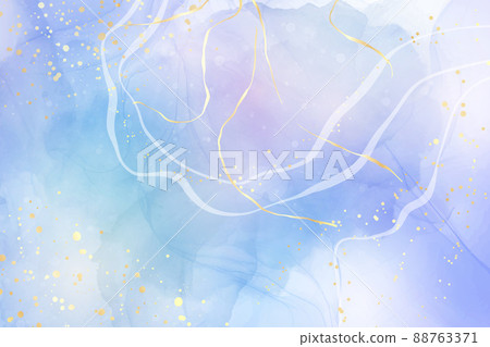 Violet cyan blue liquid watercolor background with golden stains. Teal mauve purple marble alcohol ink drawing effect. Vector illustration design template for wedding invitation, menu, rsvp 88763371