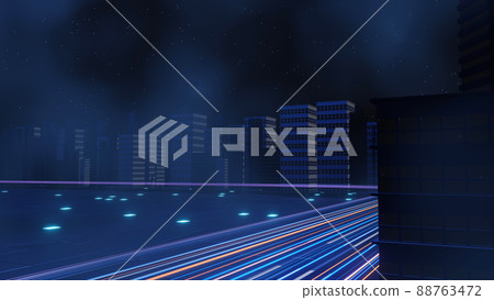 3d render of Cyber punk night city landscape concept. Light glowing on dark scene.  Night life. Technology network for 5g. Beyond generation and futuristic of Sci-Fi Capital city and building scene. 88763472