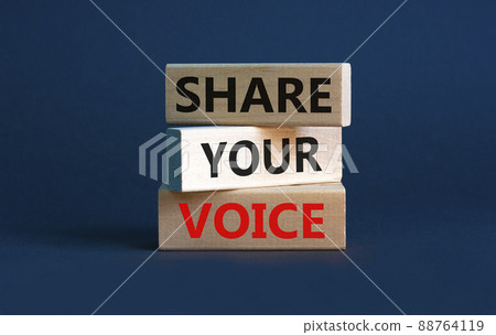 Share your voice symbol. Concept words Share your voice on wooden blocks. Beautiful grey background. Business share your voice concept. Copy space. Share your voice symbol. Concept words Share your voice on wooden blocks. Beautiful grey background. Business share your voice concept. Copy space. 88764119