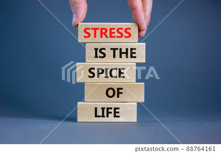Stress spice of life symbol. Concept words Stress is the spice of life on wooden blocks. Businessman hand. Beautiful grey background. Business motivational stress spice of life concept. Copy space. 88764161