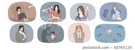 Set of stressed people suffer from paranoia or attack  88765120