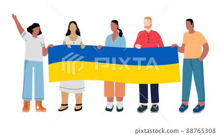 A group of people with the flag of Ukraine express their support for refugees from Ukraine. Rally for peace in Ukraine. No war. 88765308