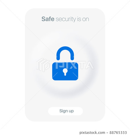 Banner with lock icon and button. Safe security is on. Neumorphism and toggles design. Light Web UI Elements and button for web and mobil app 88765333