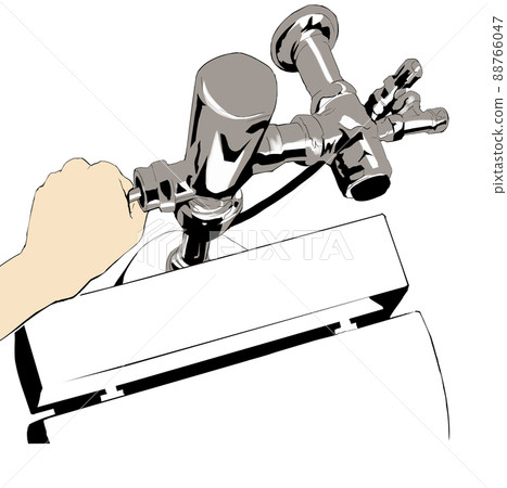 Illustration of a realistic hand pushing the lever of a flush toilet 88766047