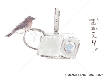 A swallow that stays on a security camera in the spring. Watercolor illustration A swallow that stays on a security camera in the spring. Watercolor illustration 88766824