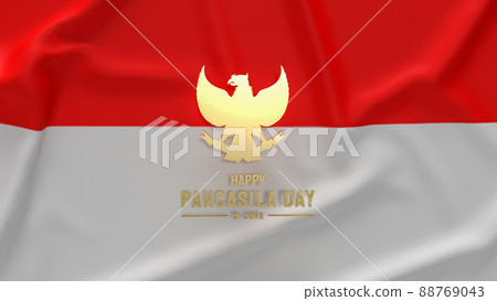 The Garuda gold symbol on Indonesia flag for pancasila day 3d rendering. The Garuda gold symbol on Indonesia flag for pancasila day 3d rendering. 88769043