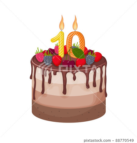 A big cake. Delicious sponge cake, poured with chocolate decorated with candles in the form of the number 10. Chocolate cake decorated with berries such as strawberries, cherries and blackberries A big cake. Delicious sponge cake, poured with chocolate decorated with candles in the form of the number 10. Chocolate cake decorated with berries such as strawberries, cherries and blackberries 88770549