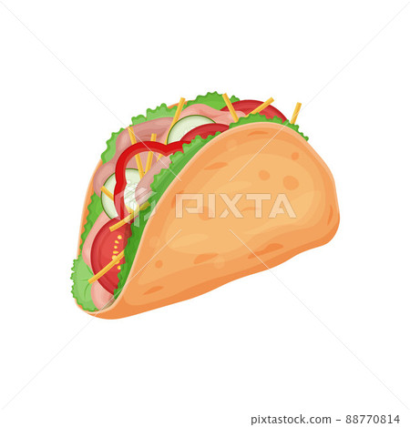 Tacos. Mouth-watering taco dish of Mexican cuisine. Tacos with meat and vegetables. Vector illustration isolated on a white background 88770814