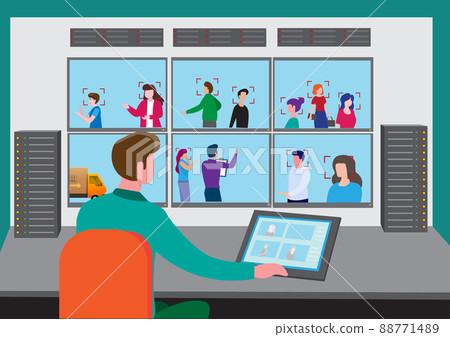 Security guards look at the display on the digital screen. of CCTV with server information 88771489
